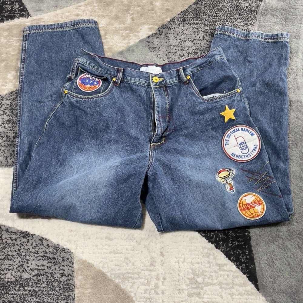 Fubu Platinum Jeans Baggy Men 36x32 Blue Globetrotter Wide Leg Denim Y2K Rap VTG